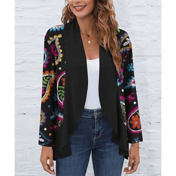 Tops - Women's Black & Rose Red Paisley Ruffle-Hem Open Cardigan XXL